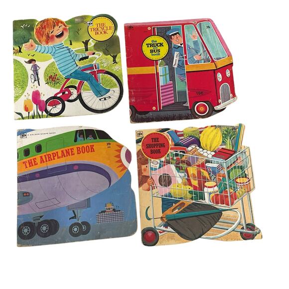 Golden Shape Book Lot of 4 Vintage Child Airplane Tricycle Shopping Truck & Bus - Picture 1 of 7